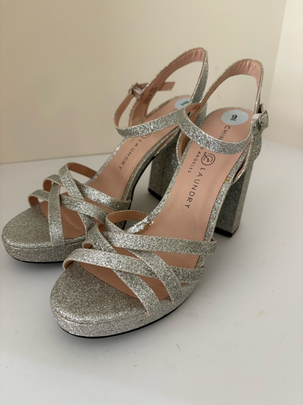 Chinese Laundry Silver Glitter Block Platform size 9. Like new but glue spots